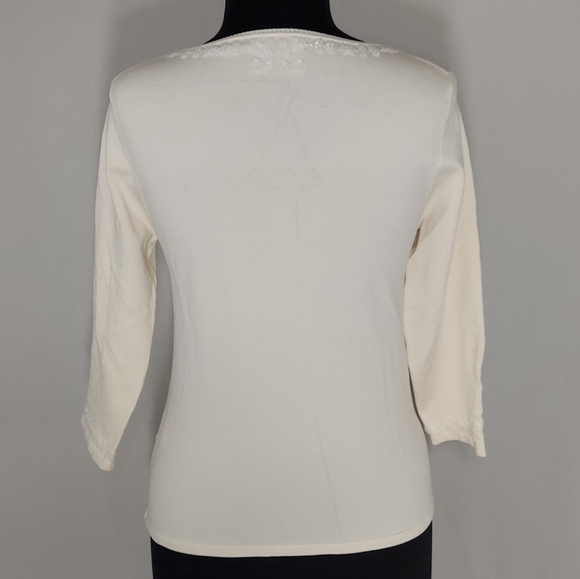 Il gilet Silk Knit Top Medium Beaded Scoop Neck Elbow Sleeve Stretch Swearwe - Picture 4 of 8